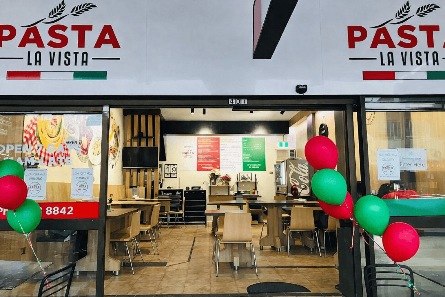 The warm and inviting main entrance of Pasta La Vista Belmore, welcoming you to an authentic Italian dining experience.